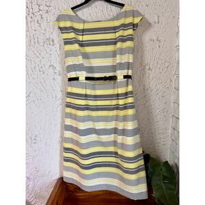 Calvin Klein Yellow Gray Striped Belted Sheath Dress Size 18W Cap Sleeve